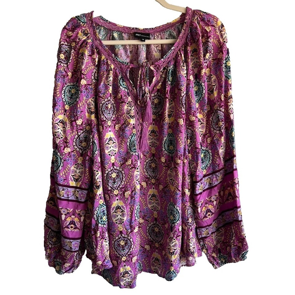 JNY Jones New York Women's 1X Boho Peasant Blouse Purple Paisley Tassel - Picture 2 of 5